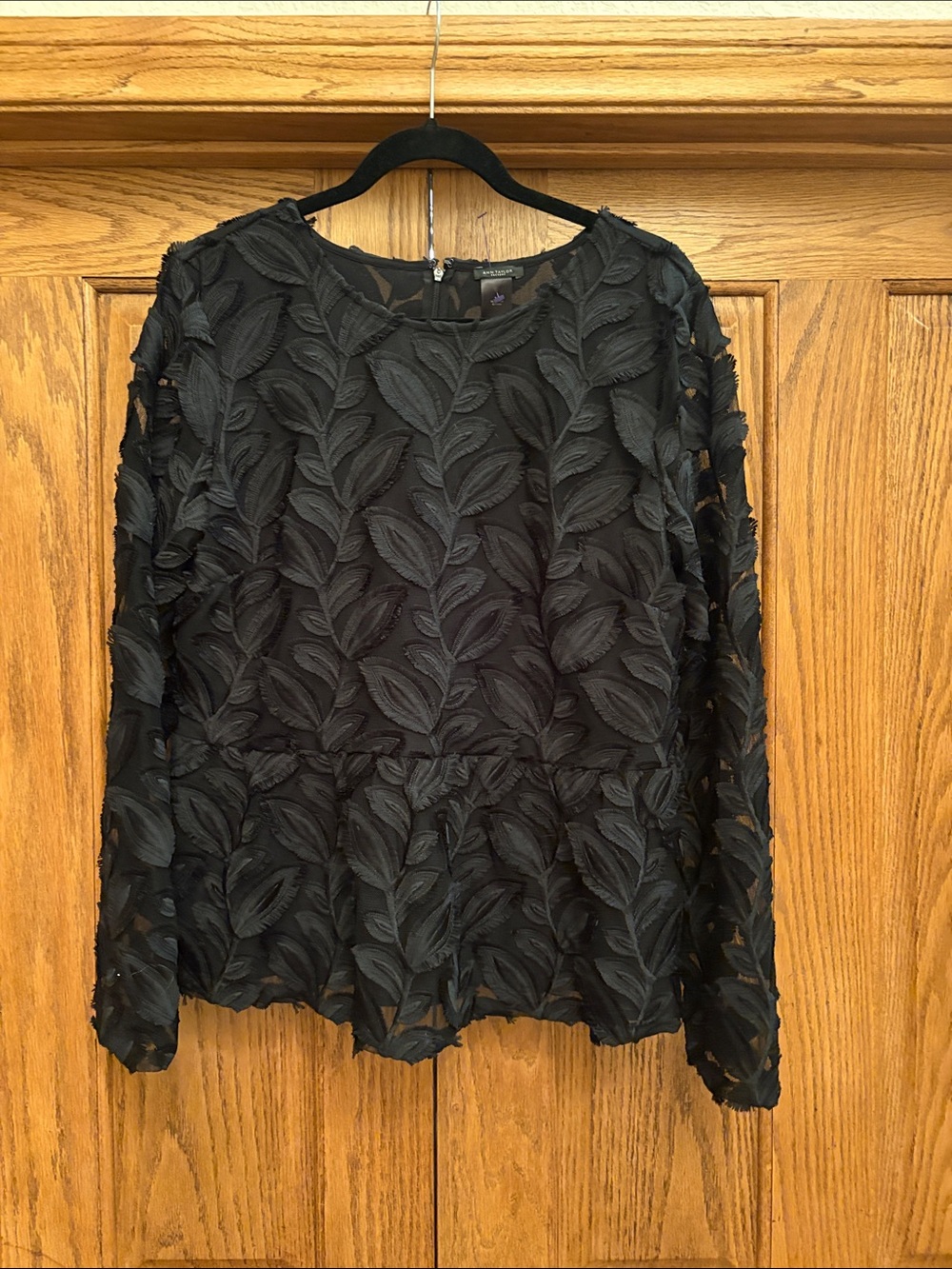 Ann Taylor Black Leaf-Appliqué Long-Sleeve Blouse
